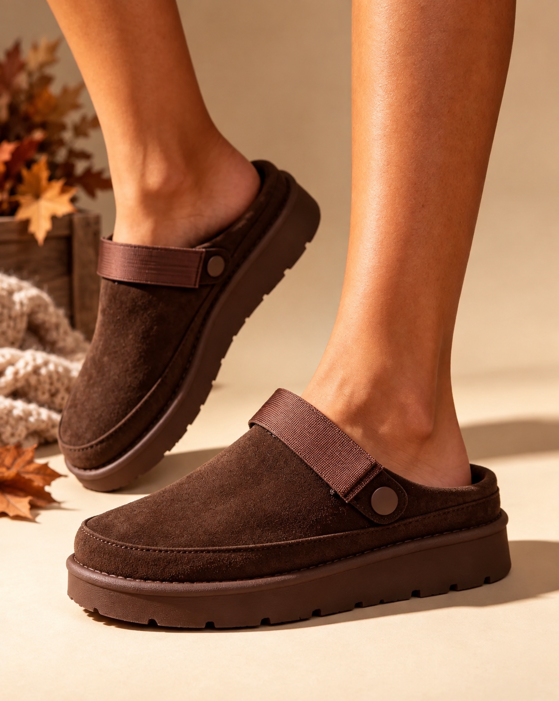 Fleece Lined Mules - Chocolate Brown