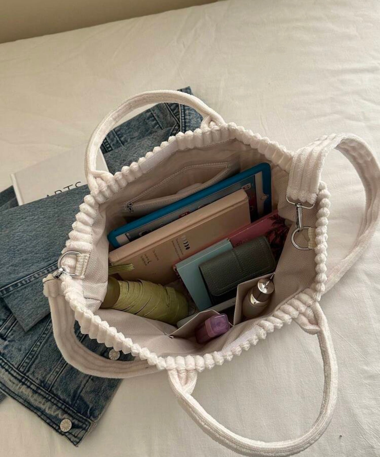 Corduroy Tote Bag - White