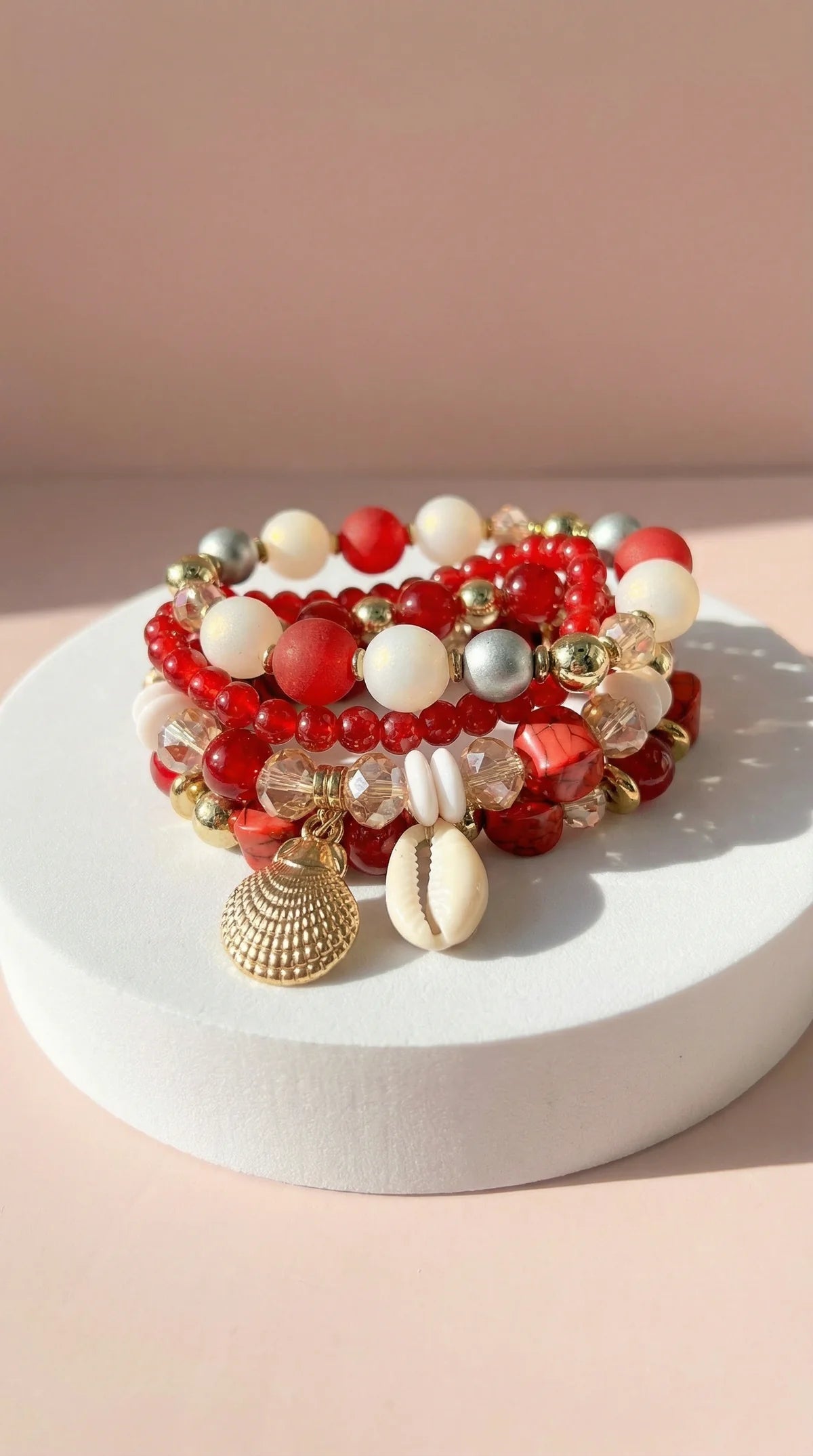 Shell Beaded Charm Bracelet - Red
