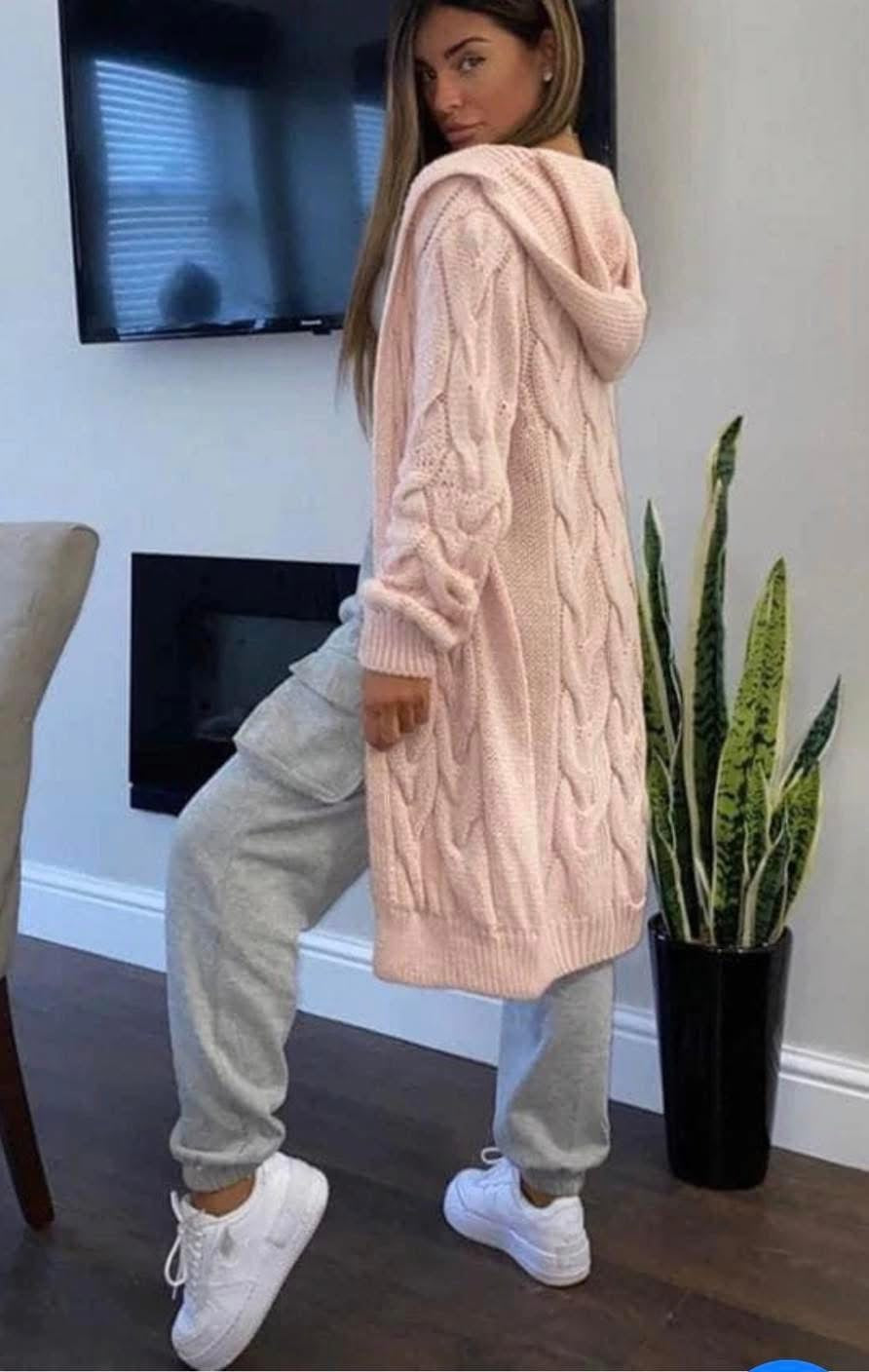 Cable Knit Hooded Cardigans - Rose Pink