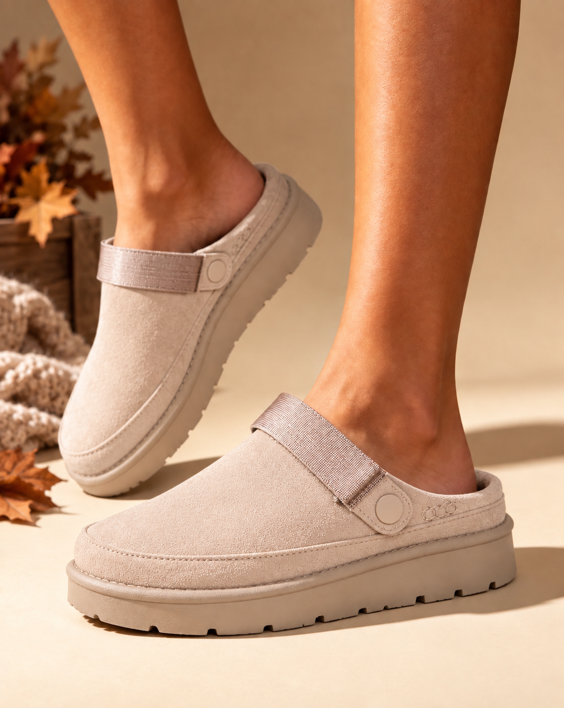 Fleece Lined Mules - Beige