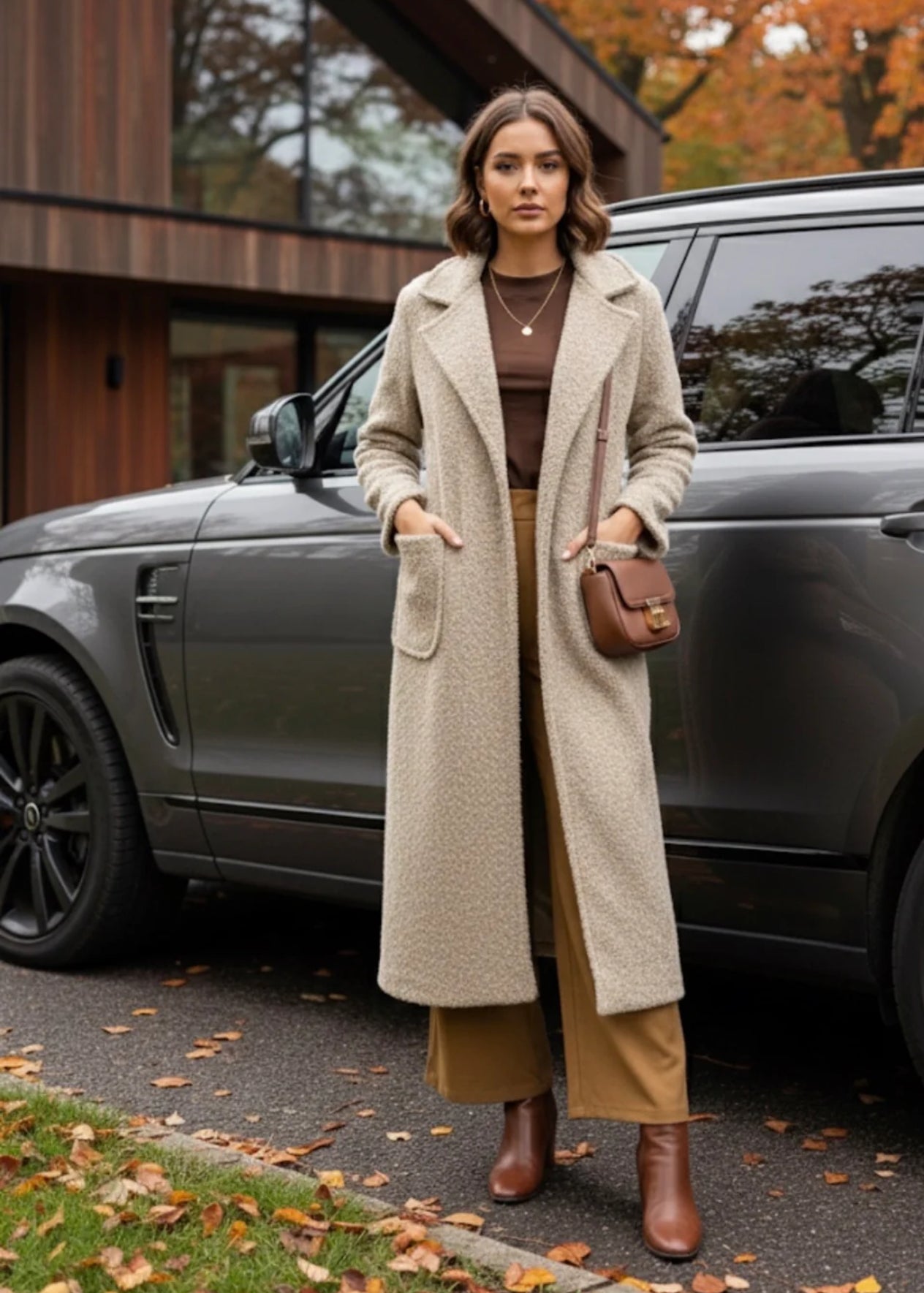Belted Boucle Longline Coat - Camel