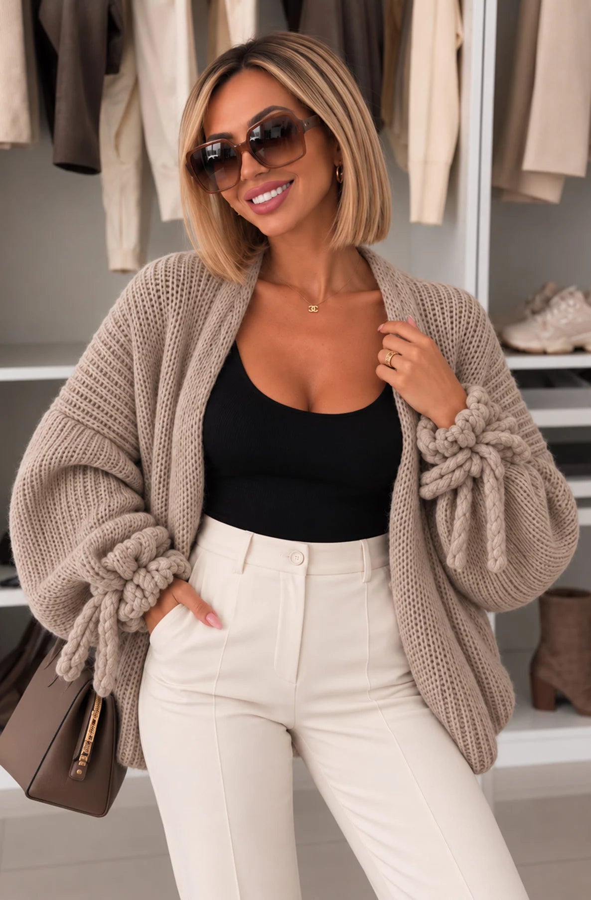 Balloon Sleeve Cardigan - Beige