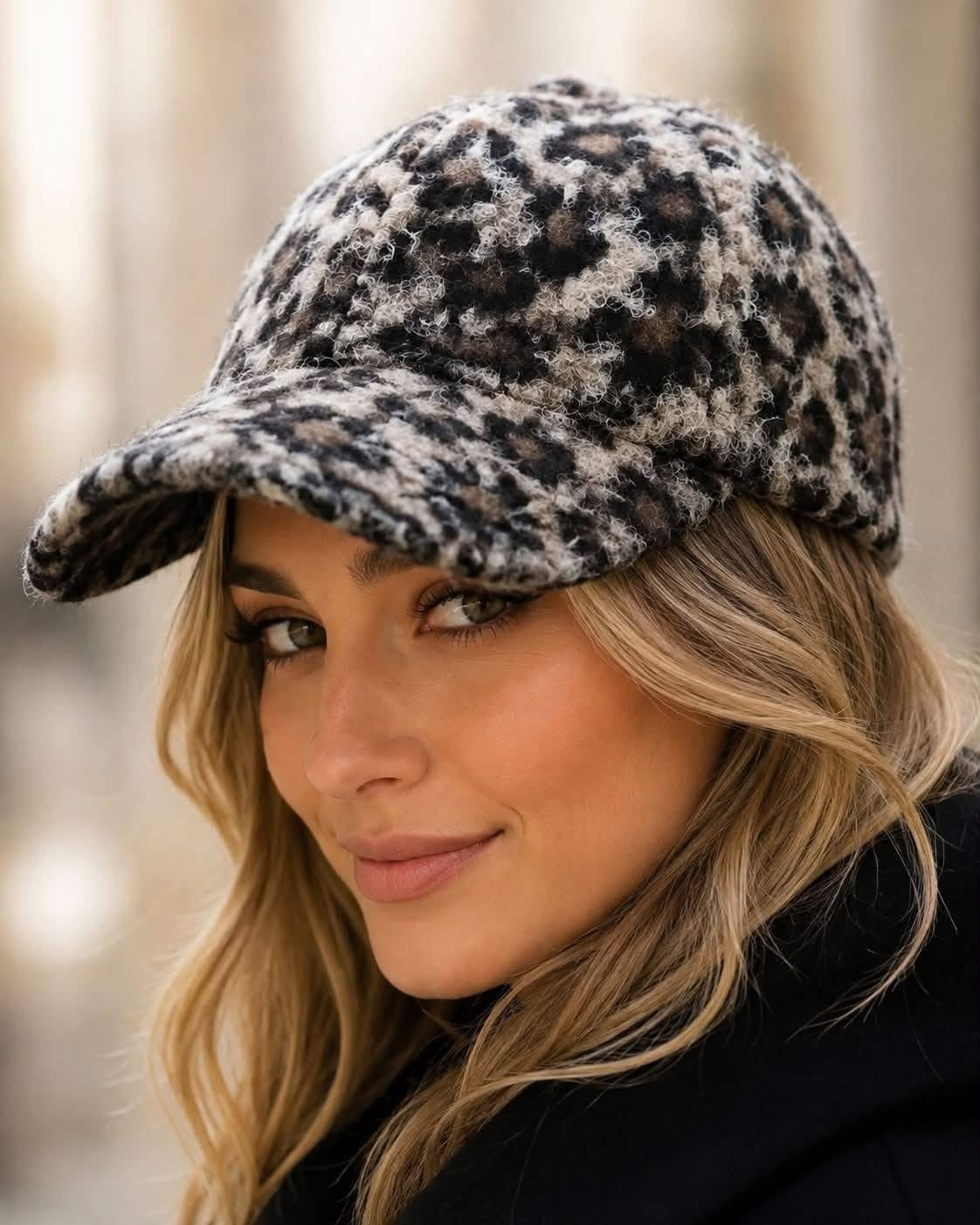 Boucle Leopard Print Hat - Black