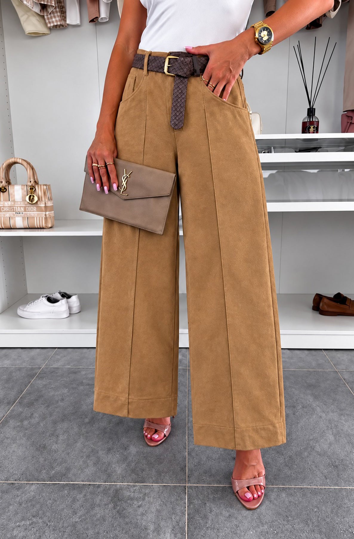 Belted Wide Leg Trousers - Camel