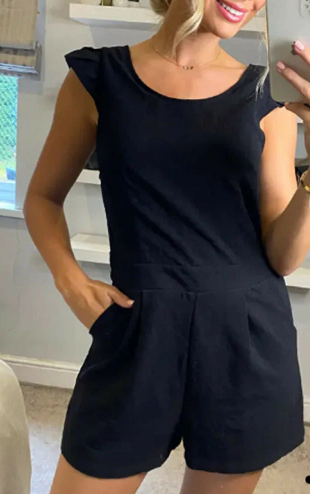 V Neck Back Lace Playsuit - Black