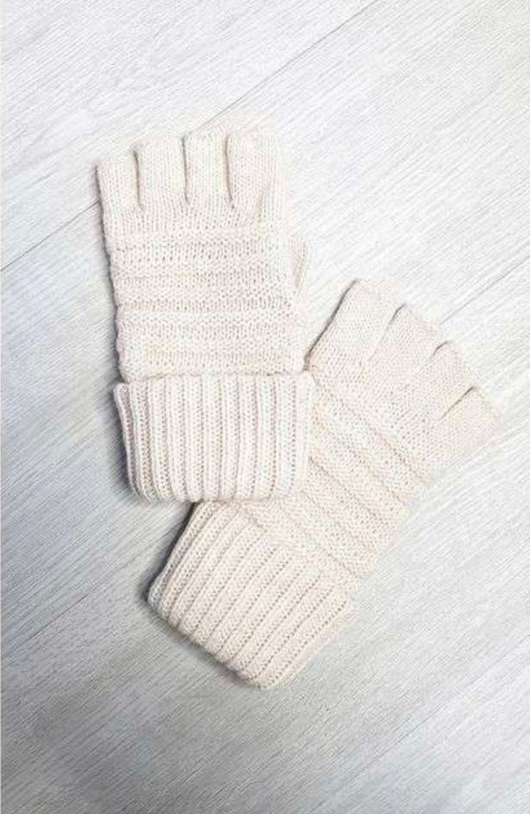 Knitted Fingerless Gloves - Beige