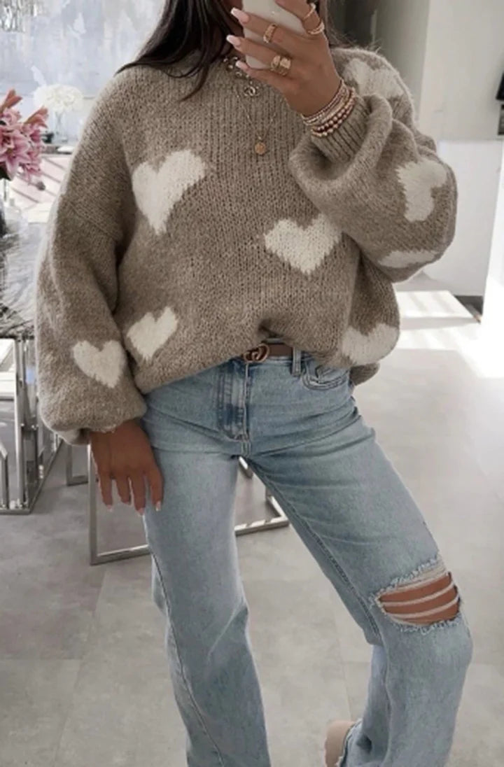 Heart Knitted Jumper - Mocha