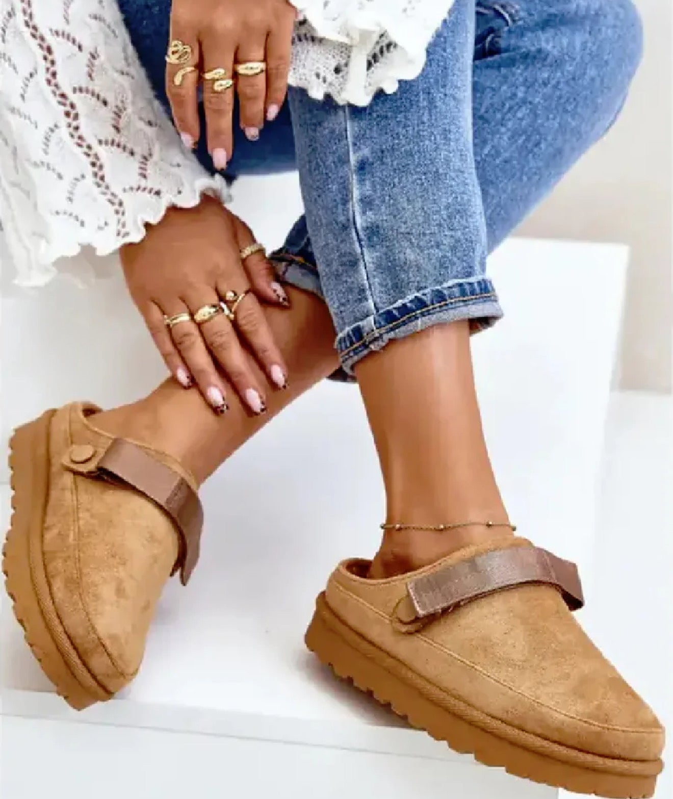Fur Lined Mules - Camel