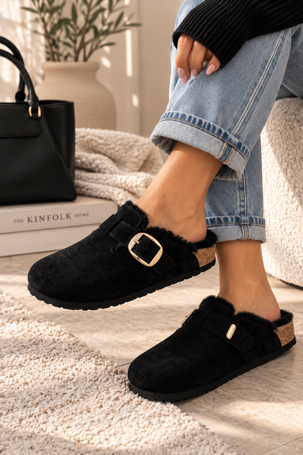 Fur Lined Mules - Black
