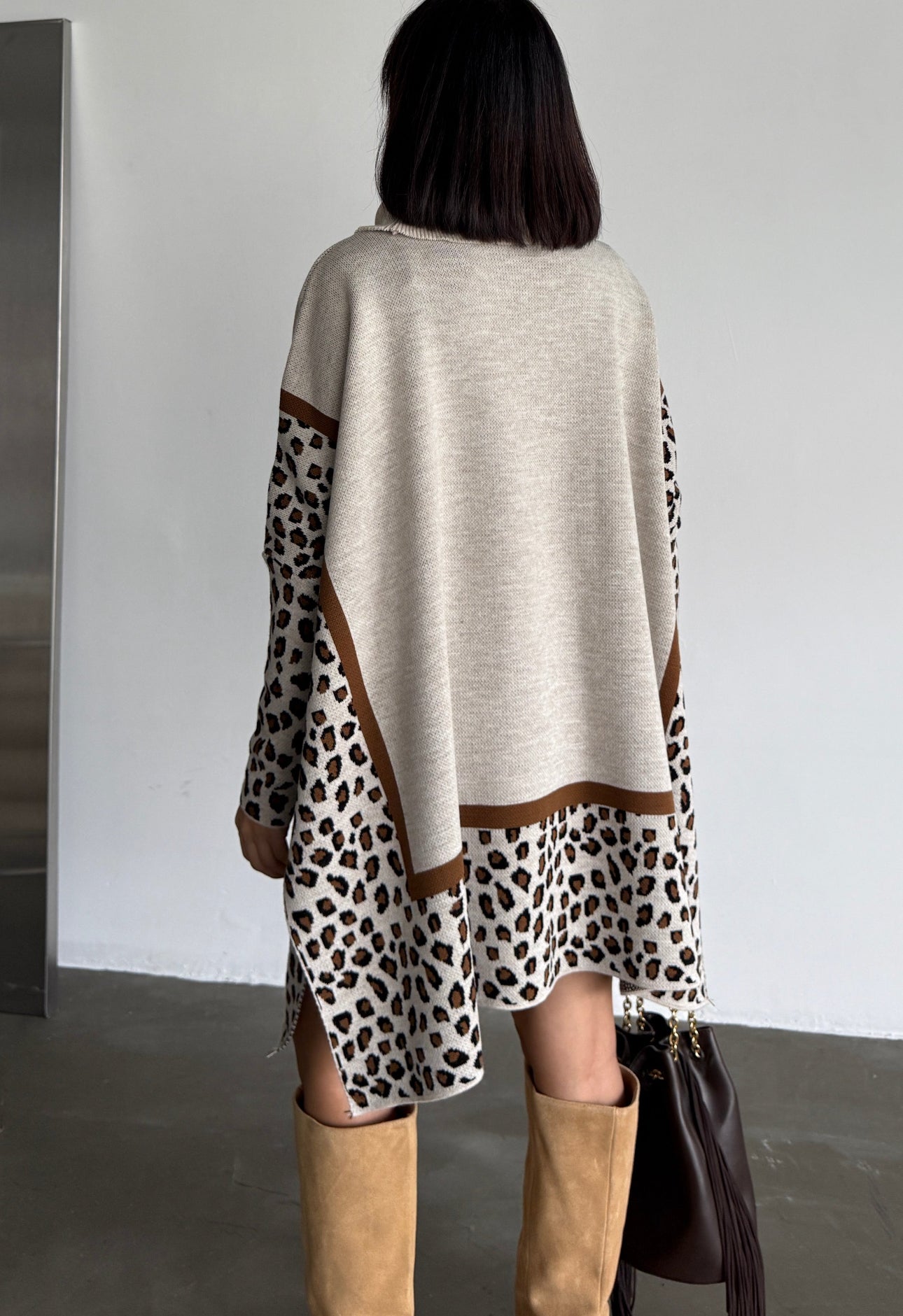 Leopard Poncho Jumper - Camel