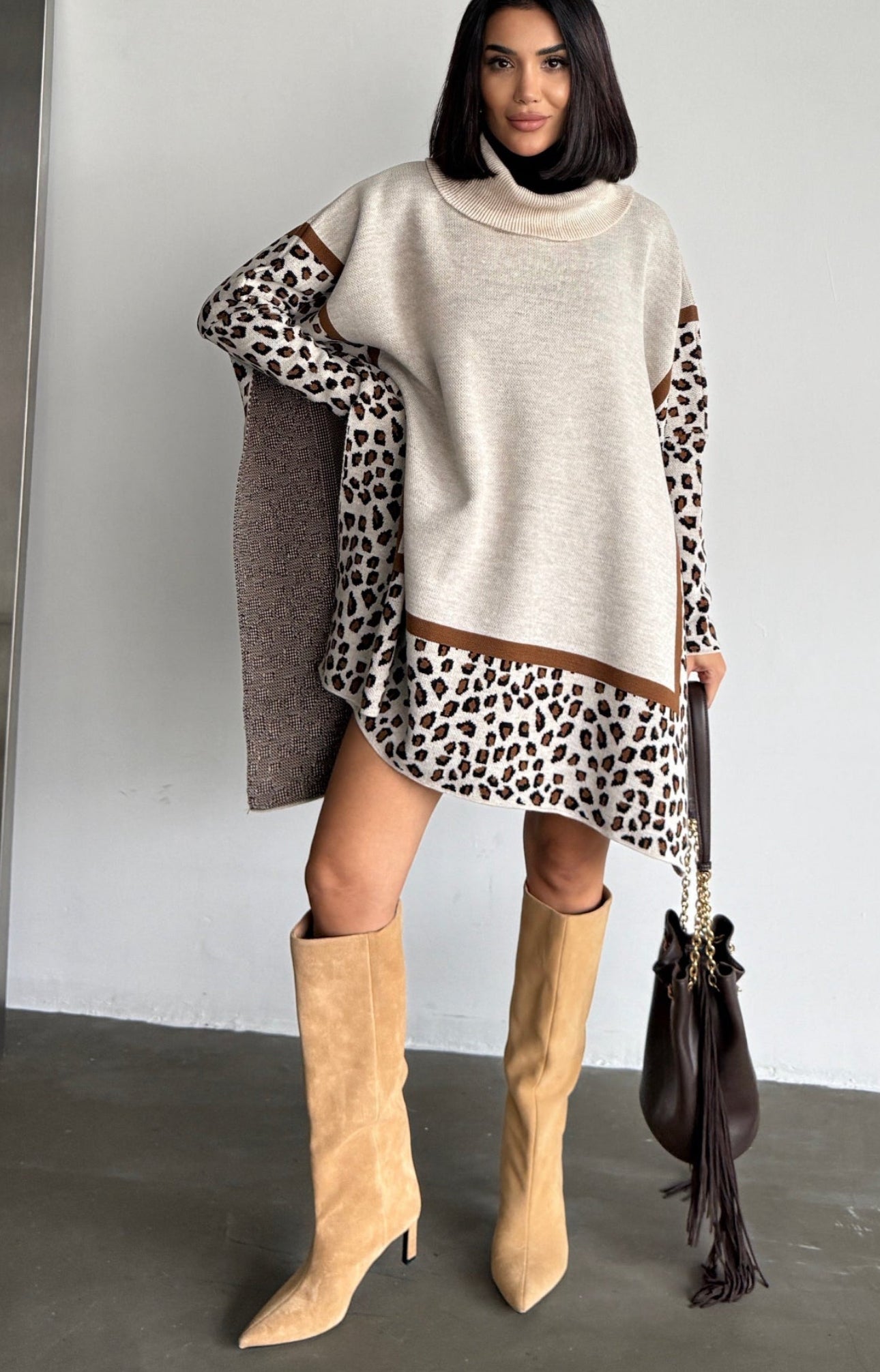 Leopard Poncho Jumper - Camel
