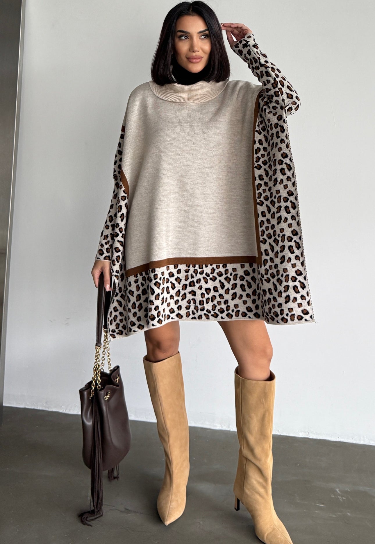Leopard Poncho Jumper - Camel