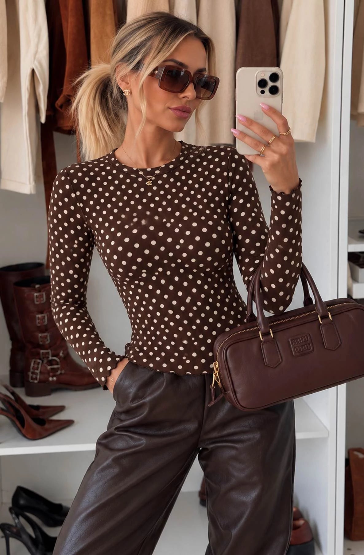 Mesh Polka Dot Top - Chocolate Brown
