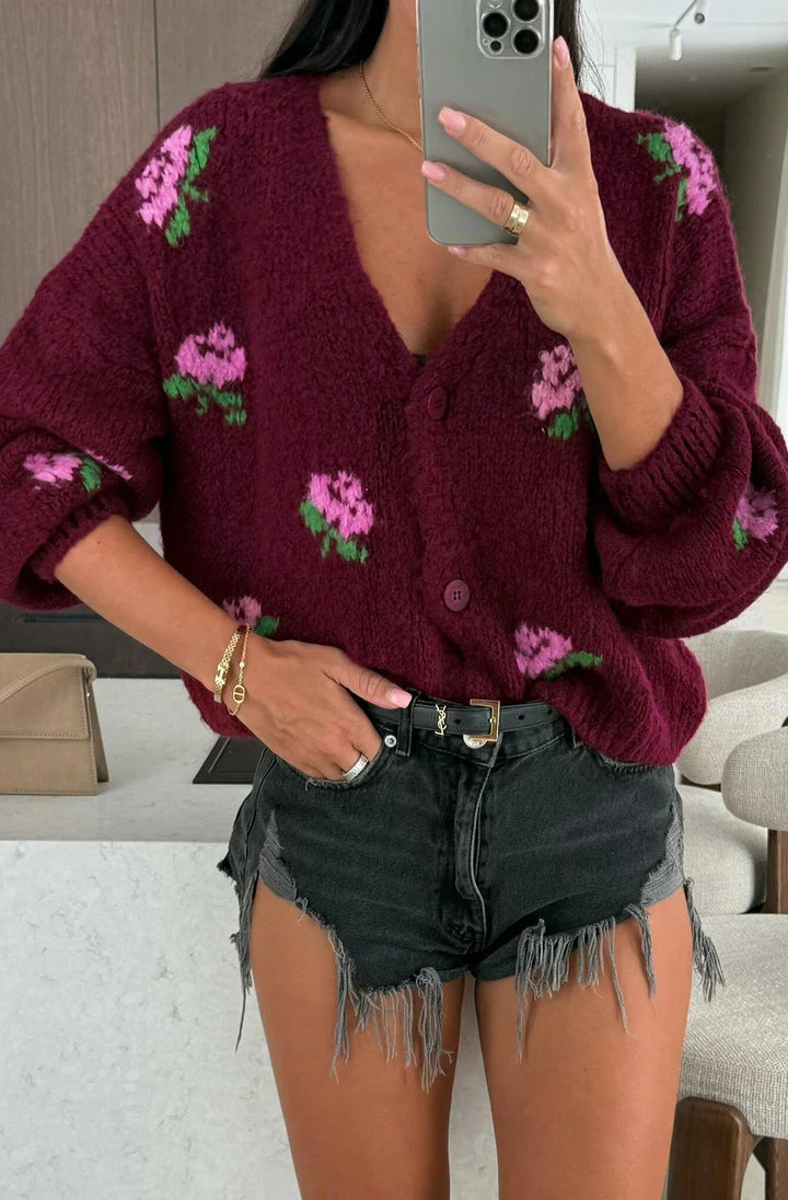 Floral Knit Cardigan - Wine