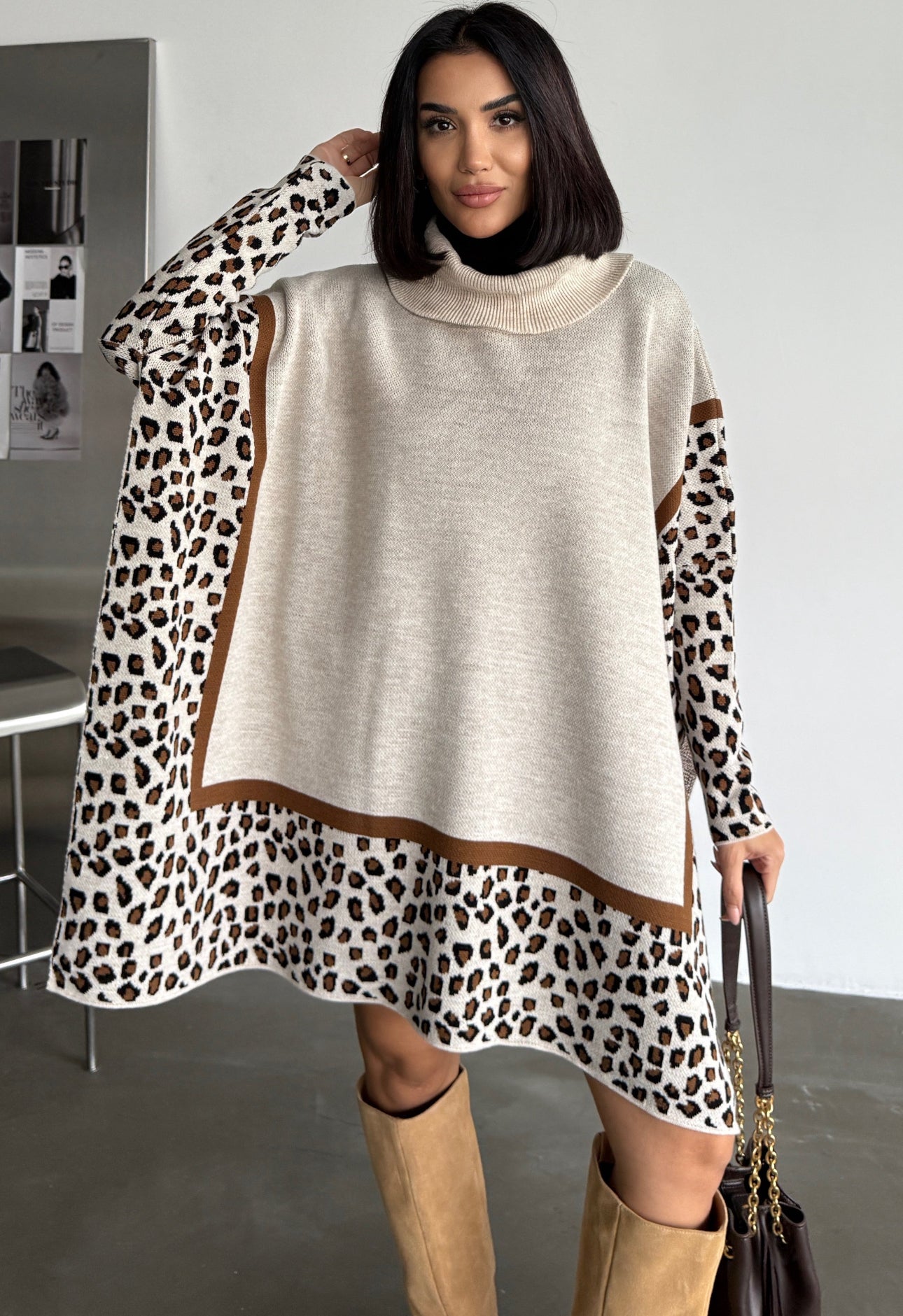 Leopard Poncho Jumper - Camel