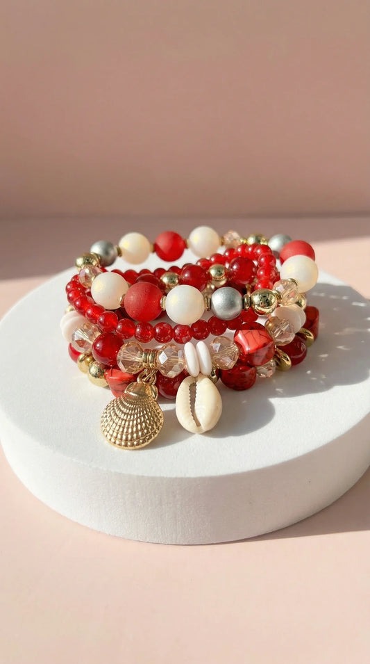 Shell Beaded Charm Bracelet - Red