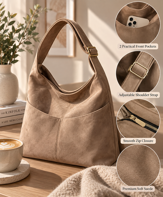 Hobo Shoulder Bag - Beige Suede