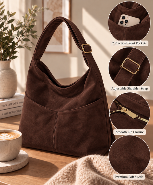 Hobo Shoulder Bag - Brown Suede