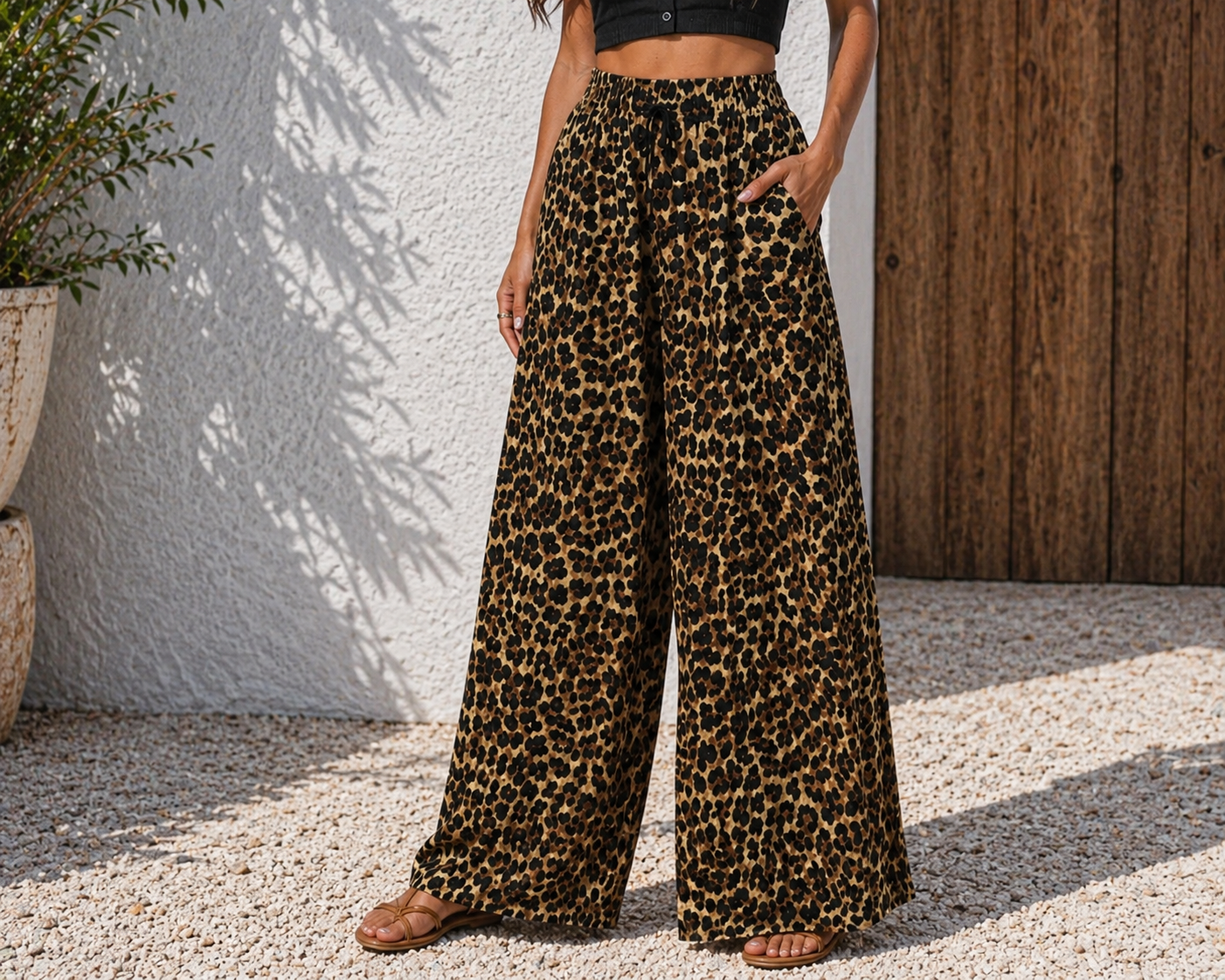Leopard Print Wide Leg Trousers - Brown