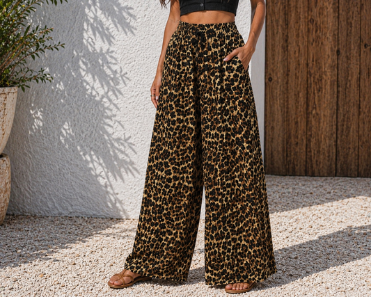 Leopard Print Wide Leg Trousers - Brown