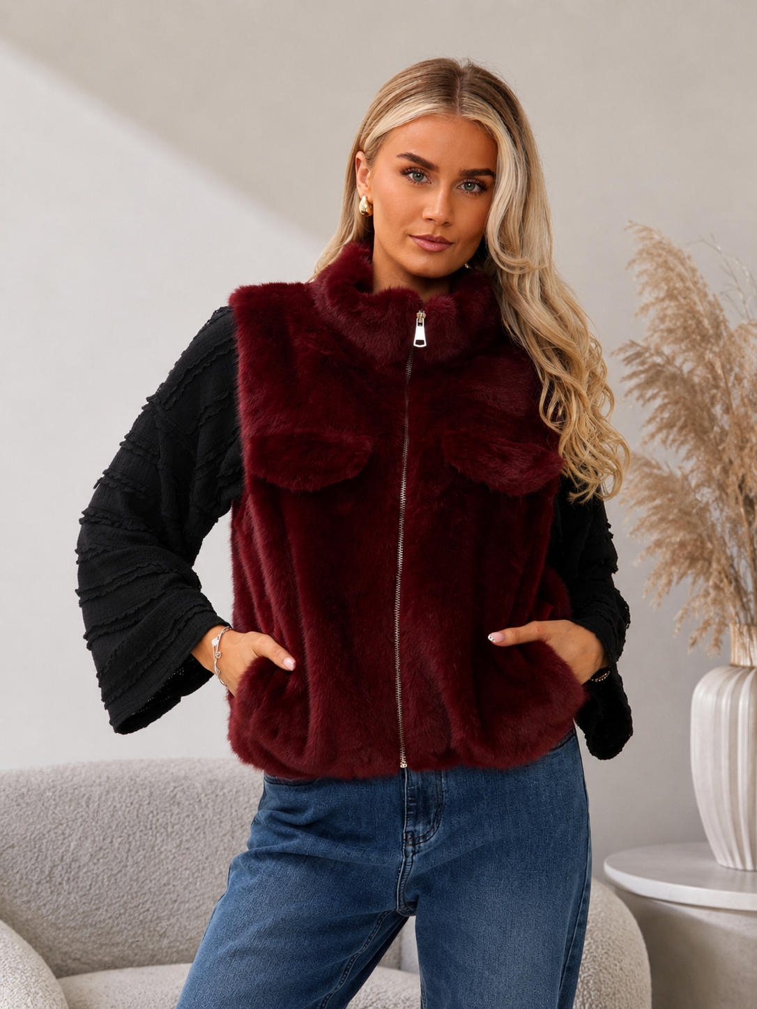 Faux Fur Gilet - Burgundy