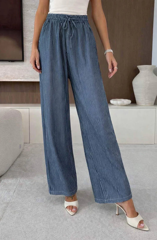 Stripe Wide Leg Trousers - Navy