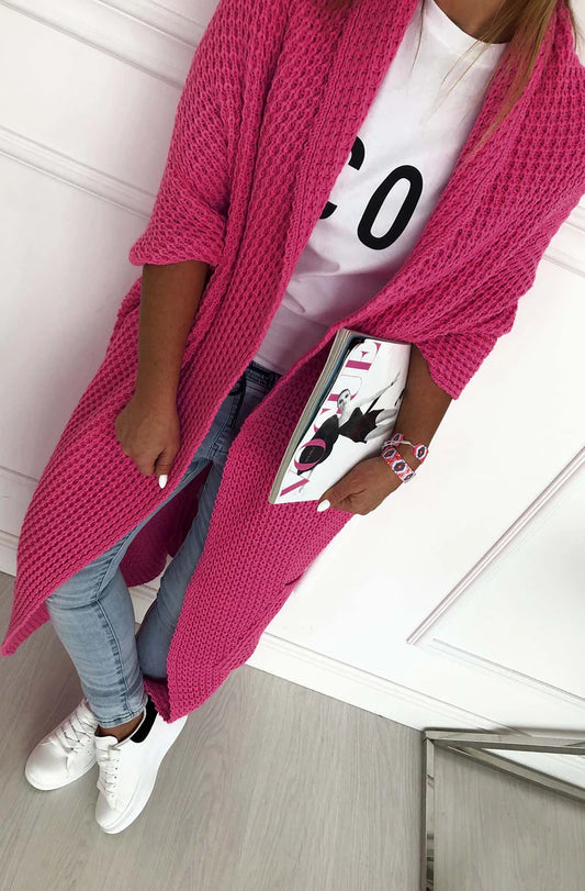 Waffle Knit Cardigan - Hot Pink