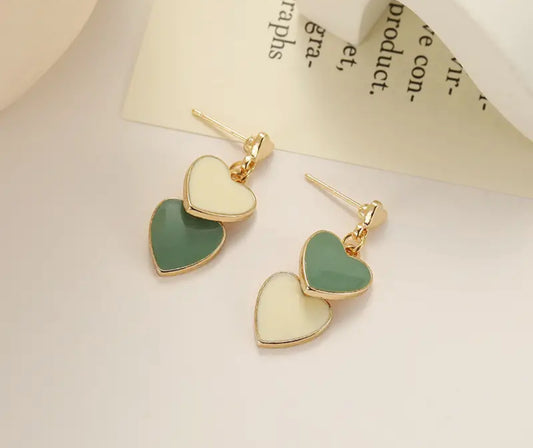 Two Heart Earrings - Green/Cream