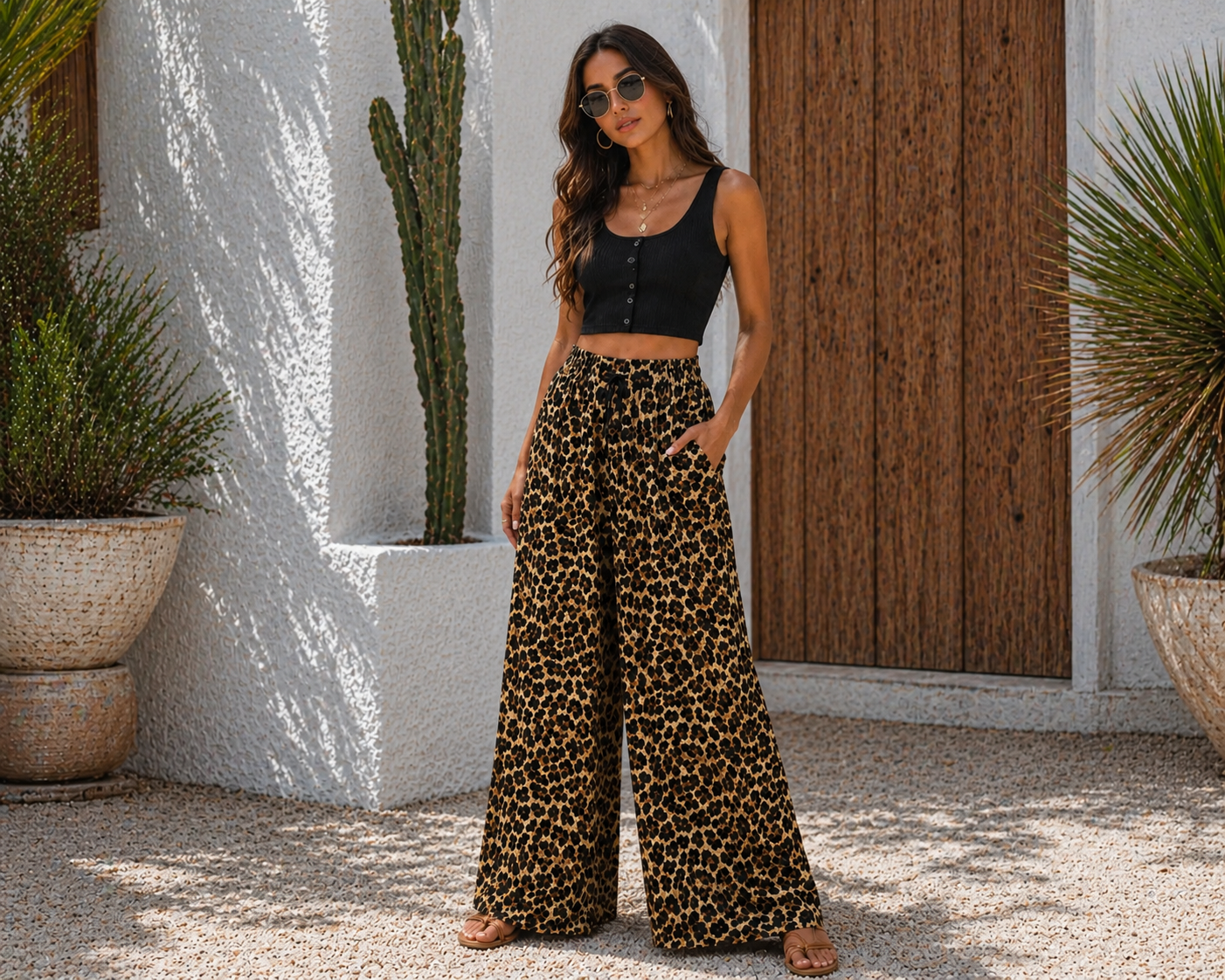 Leopard Print Wide Leg Trousers - Brown