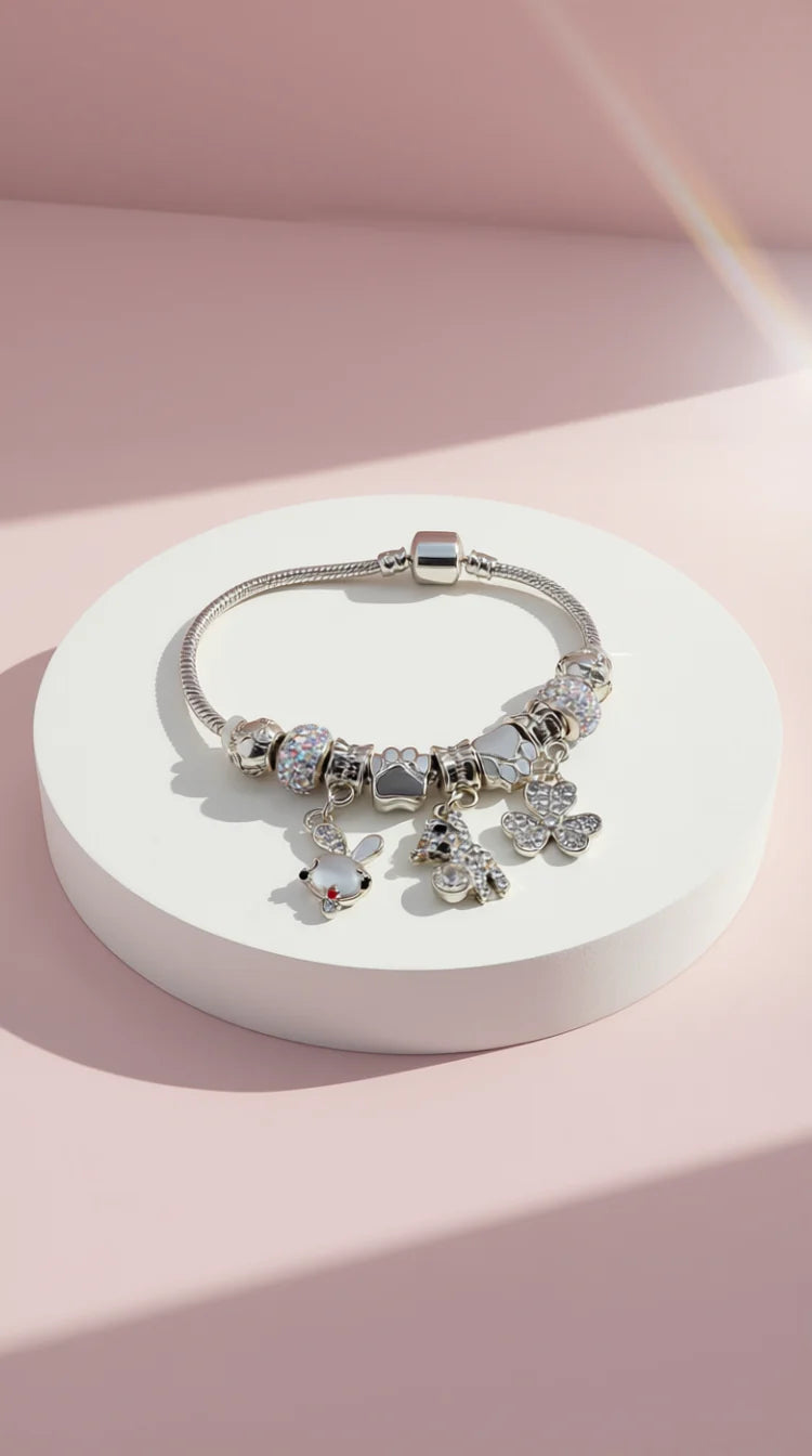 Paw Print Crystal Charm Bracelet - Silver
