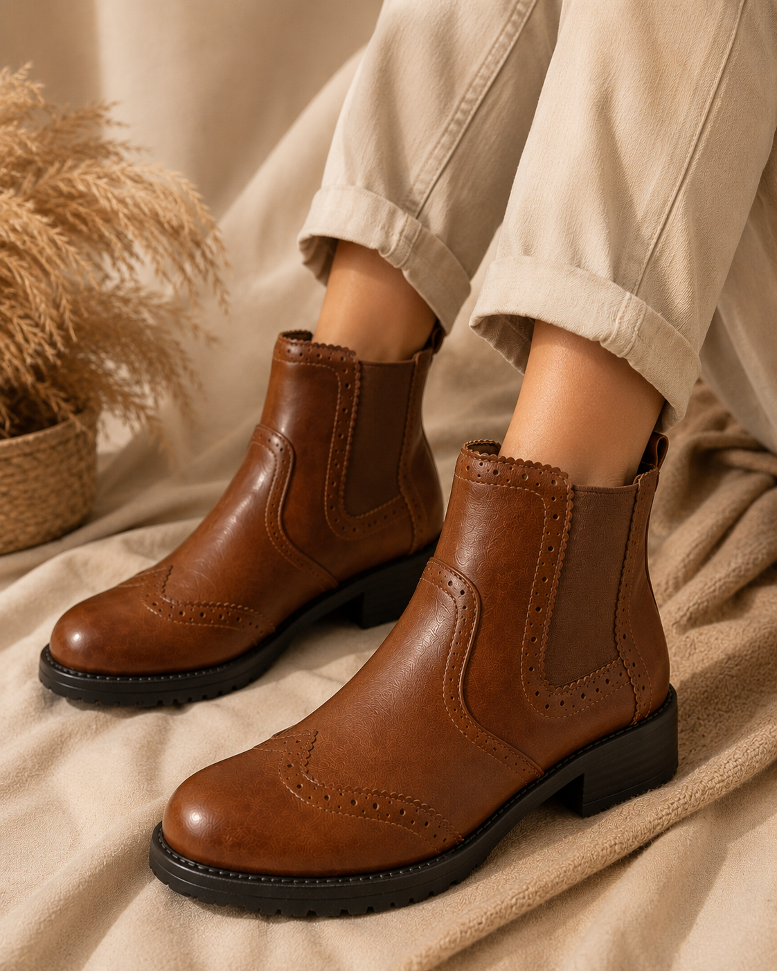 Dottie Brogue Boots - Tan