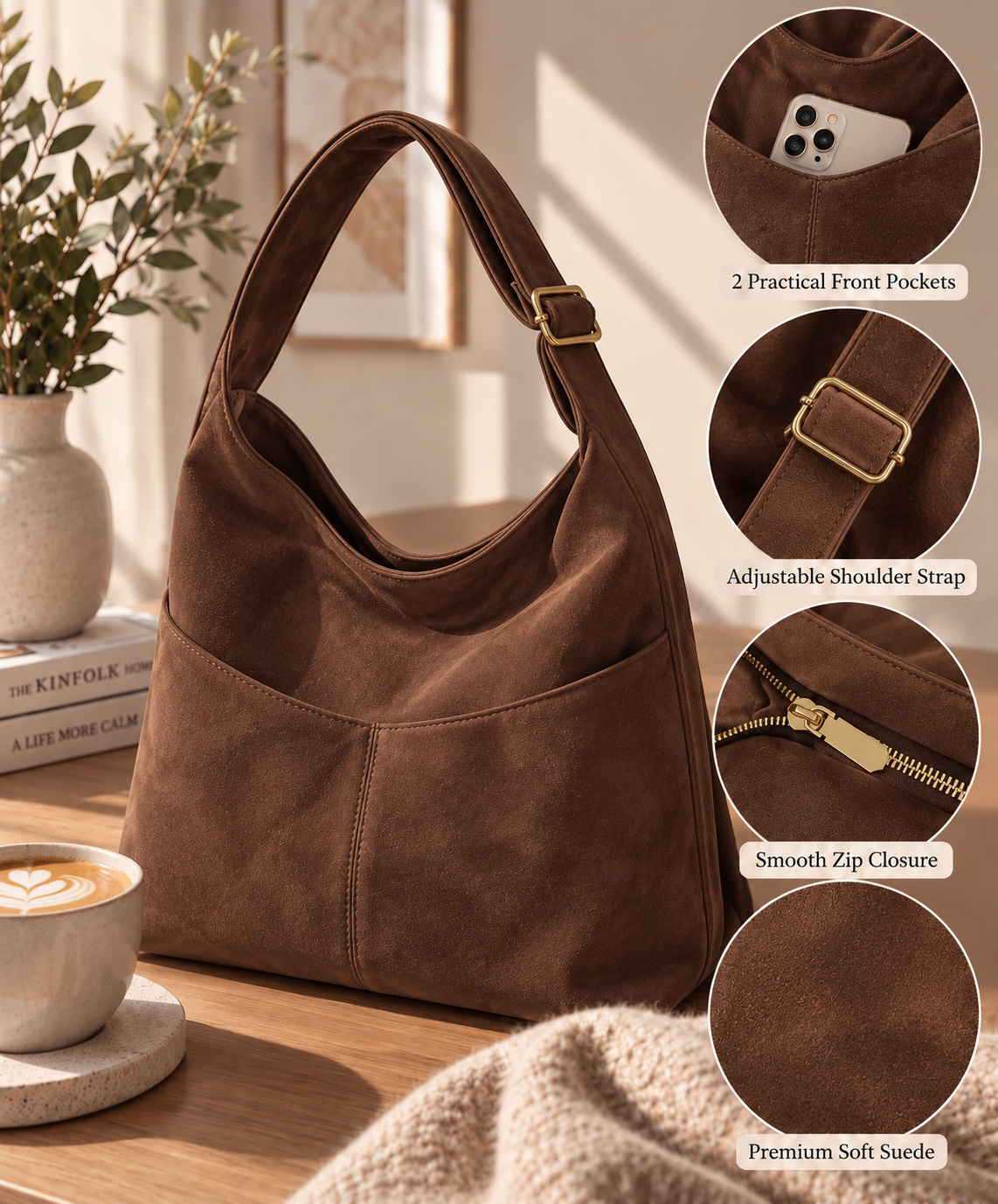 Hobo Shoulder Bag - Brown Suede