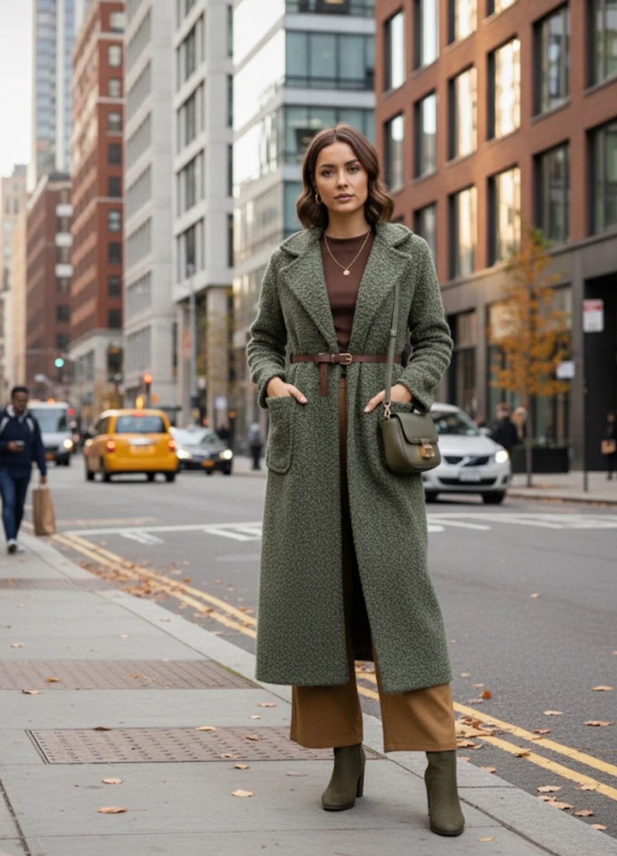 Belted Boucle Longline Coat - Khaki