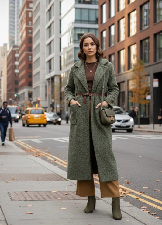 Belted Boucle Longline Coat - Khaki