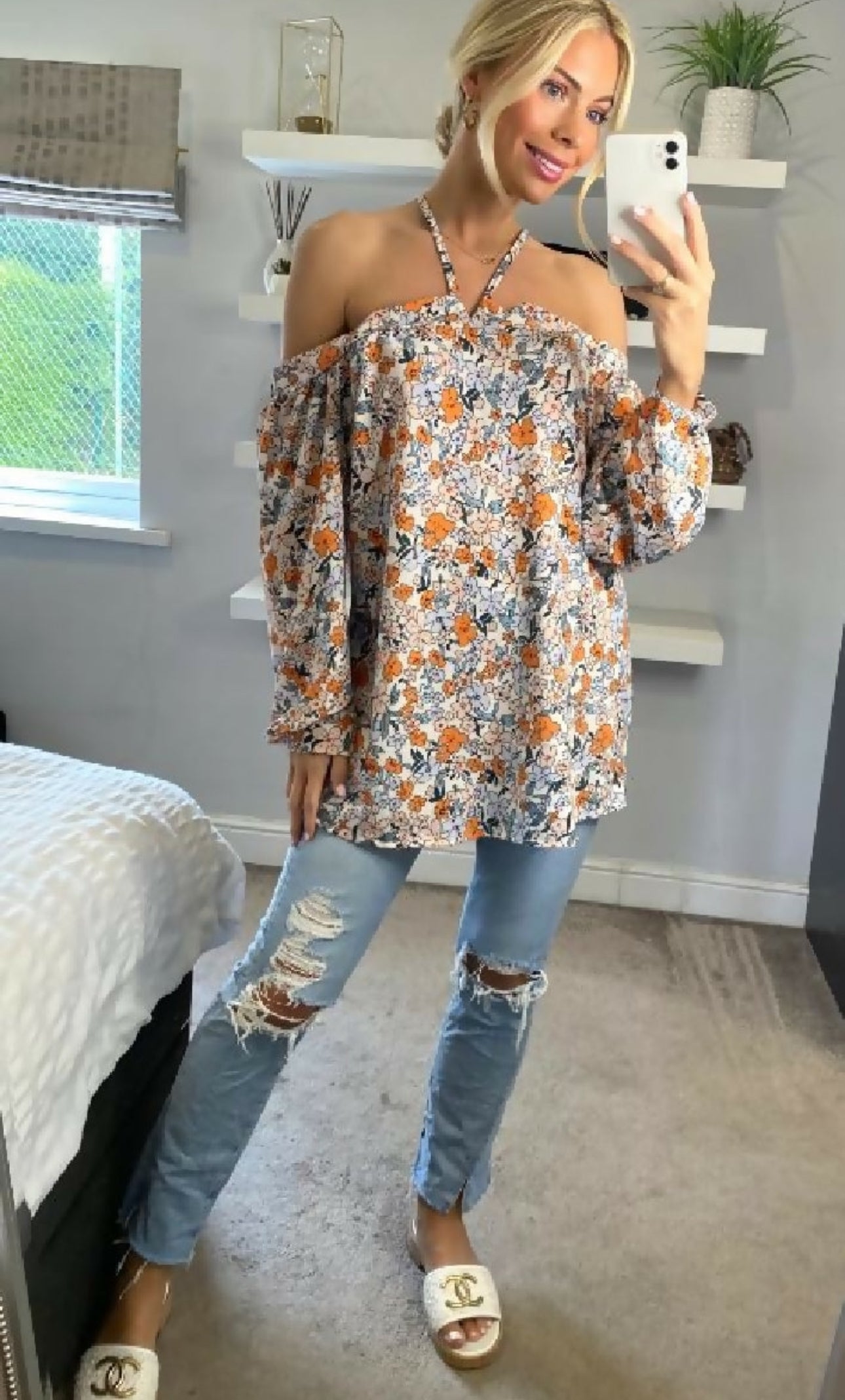 Floral Bardot Blouse - Orange