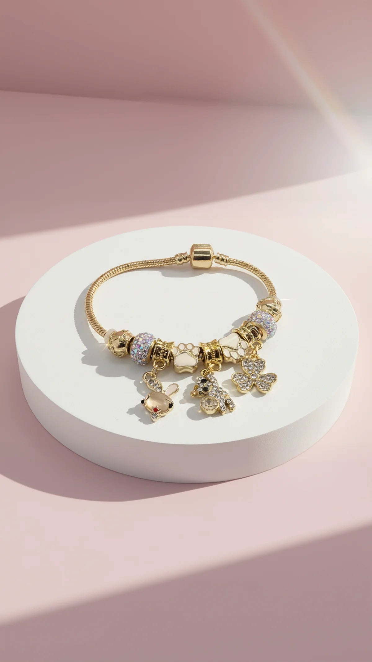 Paw Print Crystal Charm Bracelet - Gold