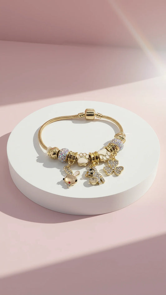 Paw Print Crystal Charm Bracelet - Gold