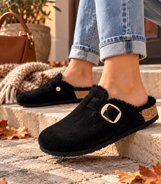 Fur Lined Mules - Black