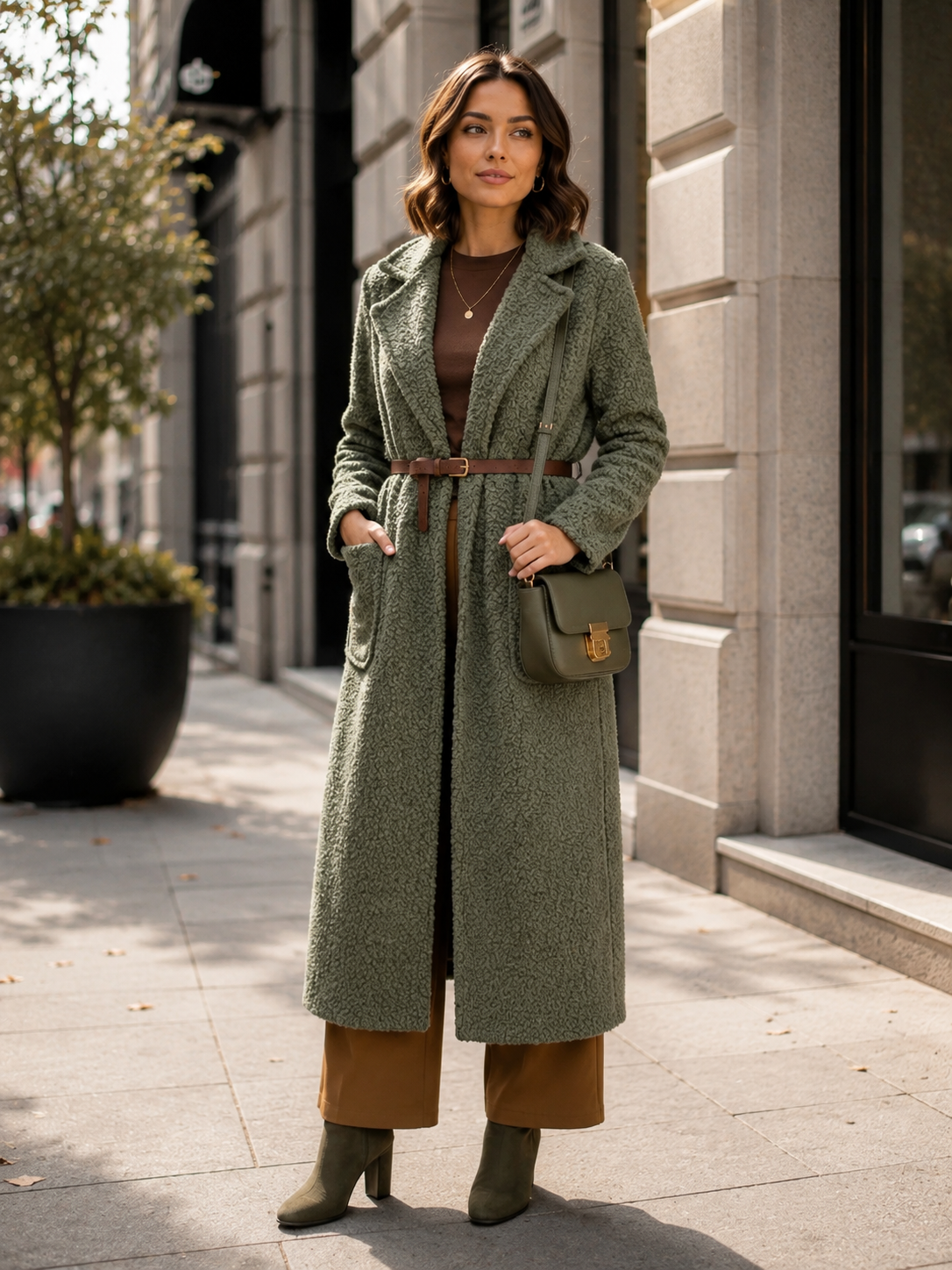 Belted Boucle Longline Coat - Khaki