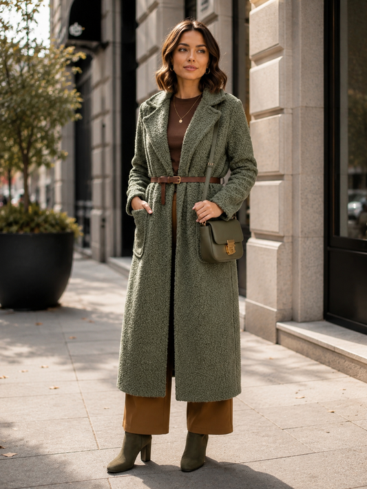 Belted Boucle Longline Coat - Khaki