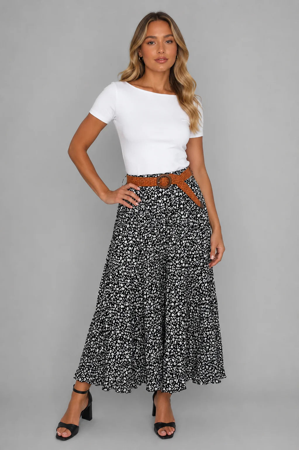 Belted Floral Skirt - Black