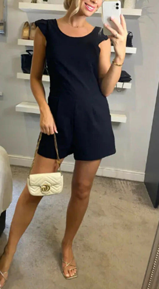 V Neck Back Lace Playsuit - Black