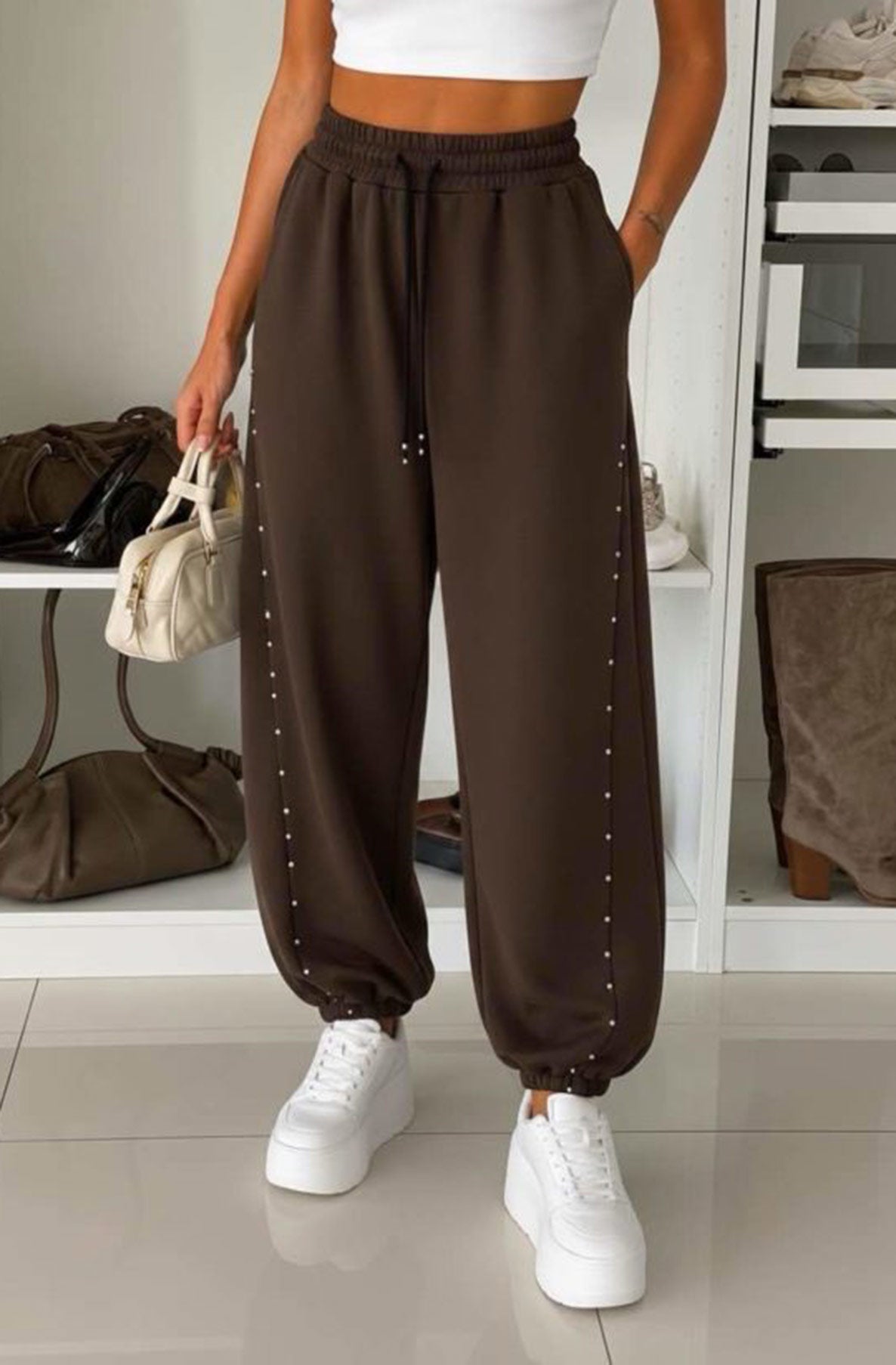Studded Balloon Joggers - Chocolate Brown