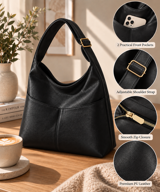 Hobo Shoulder Bag - Black PU