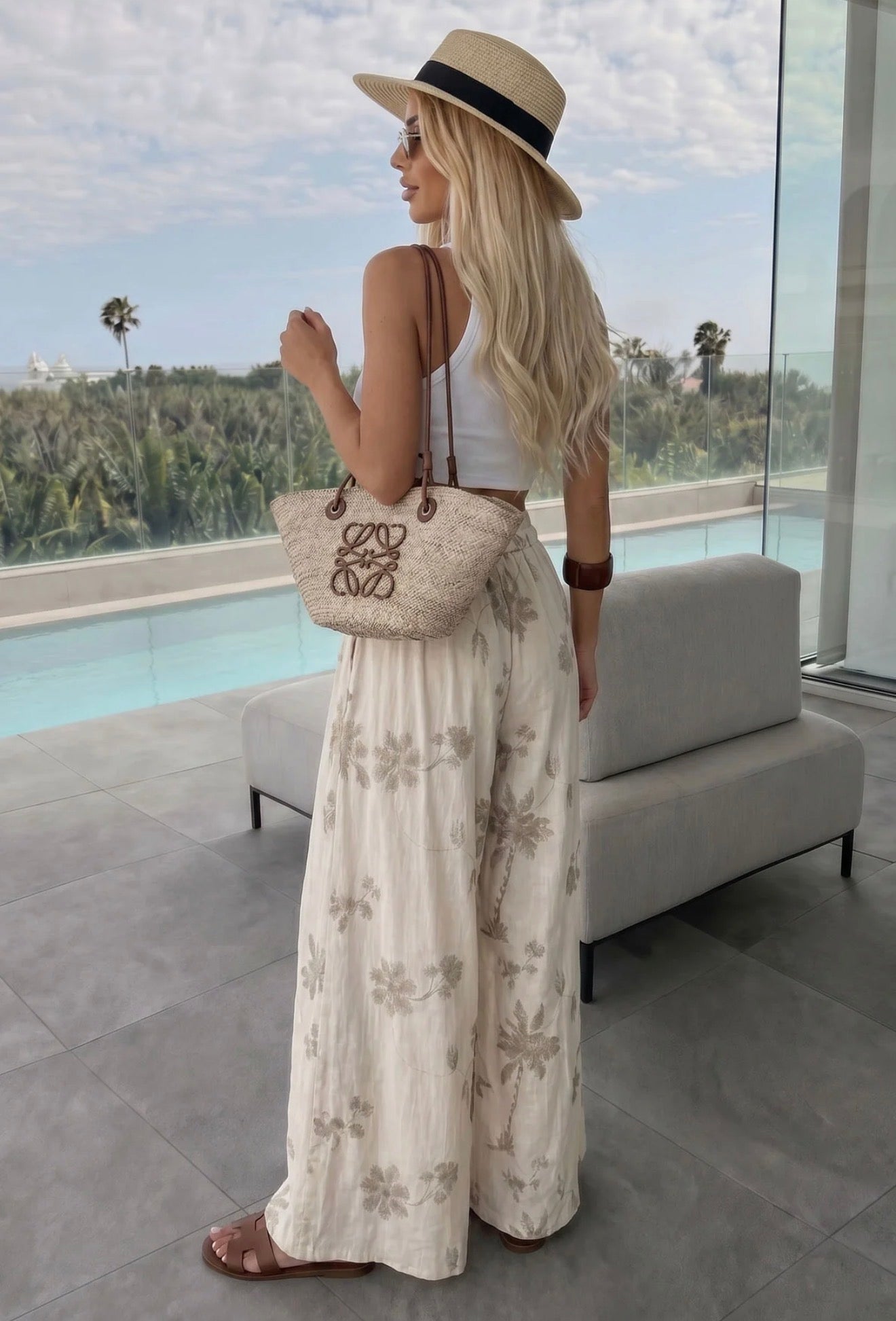 Floral Wide Leg Trousers - Stone
