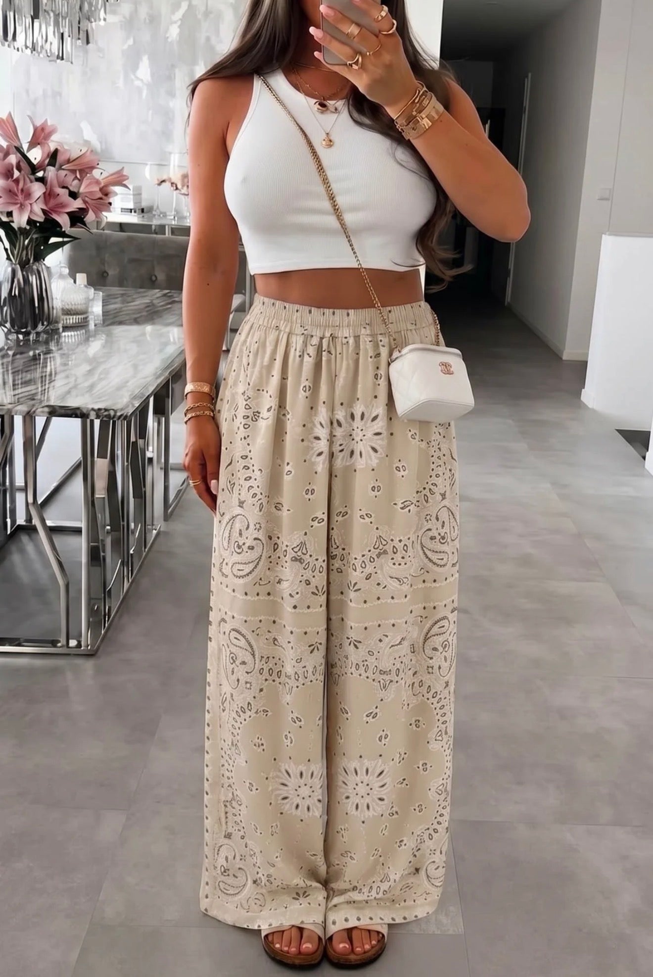 Paisley Wide Leg Trousers - Stone