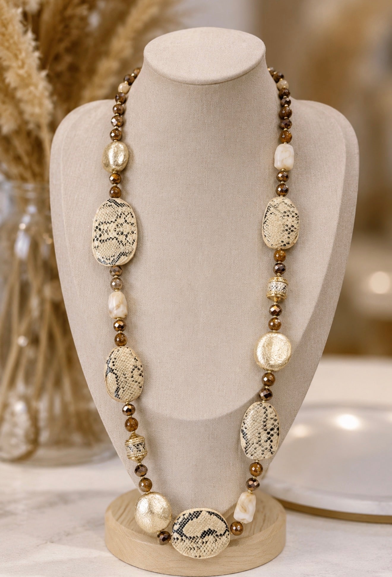 Animal Print Beige Long Necklace