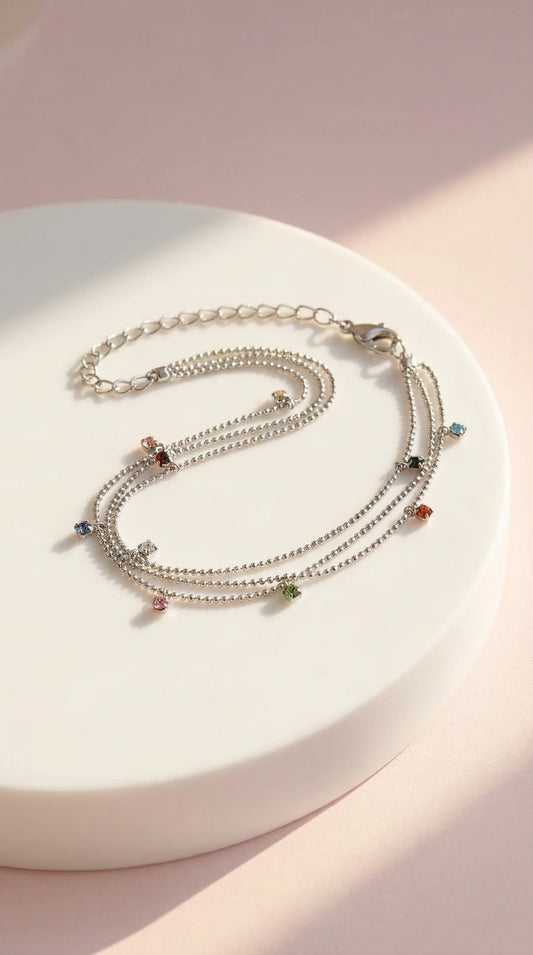 Rainbow Gem Anklet - Silver