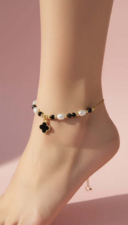 Clover & Pearl Anklet - Black
